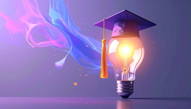Glowing light bulb with graduation cap, symbolizing knowledge, innovation, education, and digital enlightenment through connected ideas.
