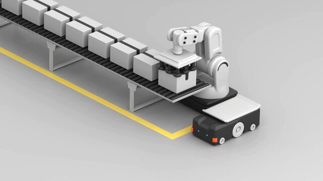 Robotic arm with a suction gripper takes a box from a conveyor and places it on an AGV, 3d redner