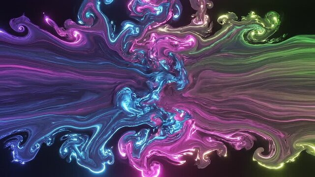 A vibrant, swirling explosion of luminous liquid colors in shades of electric blue, magenta, pink, and lime green creating an abstract, fluid dynamic form against a dark background