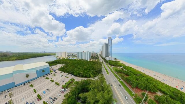 Rear view aerial video Haulover Park and Beach Miami Florida