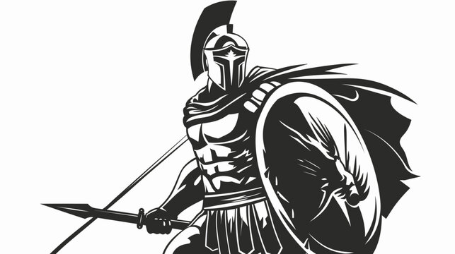 Spartan warrior silhouette with spear and shield isolated black and white