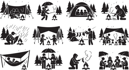 Fototapeta premium Camping and outdoor activities icon set with tents, campfires, and people in nature isolated on white background, Vector