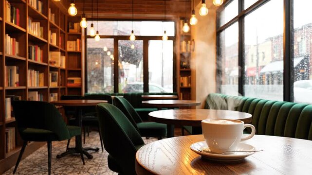Cozy cafe interior with bookshelves lining the walls, comfortable green velvet seating, wooden tables, and warm pendant lighting creating an inviting atmosphere for reading and coffee Keywords