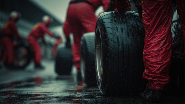 Pit stop crew changing tires on a racing car in wet conditions on a track