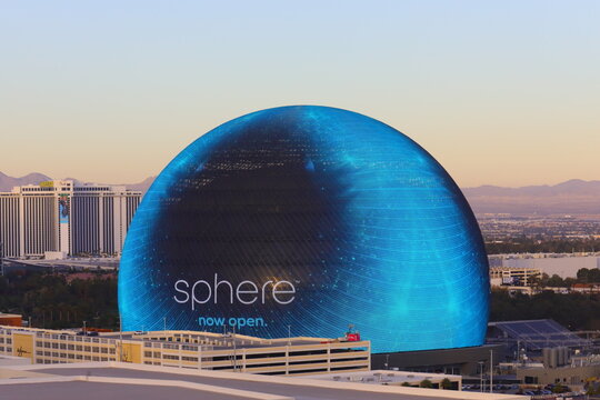 The Sphere in Las Vegas - It&rsquo;s a 18,000 seat spherical shaped entertainment arena costing $2 billion. The latest tourism attraction features an ever changing light show. Las Vegas, Nevada, USA