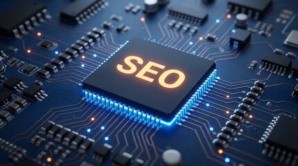 Fototapeta premium SEO Technology Concept: Glowing Microchip on Futuristic Circuit Board Symbolizing Digital Marketing Strategy, Data Optimization, and Online Business Growth Innovation.