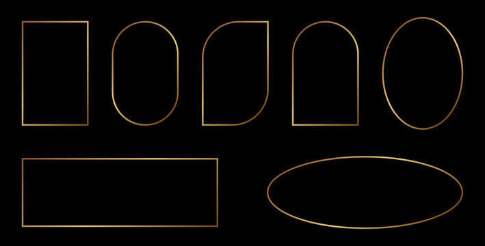 Premium gold photo frames with thin borders. Elegant arch and rectangle shapes. Luxury foil elements for awards, weddings, and modern design templates.