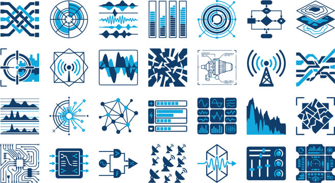 Abstract Digital Technology and Data Visualization Vector Icon Set for Software Development, Network Infrastructure & Cyber Security Analytics (EPS)