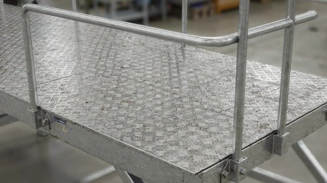 Closeup medium shot of an elevated industrial platform with checker plate flooring and secure handrails for worker safety