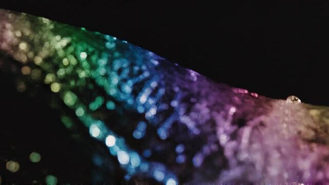Macro close-up of a dynamic splash of water illuminated with vibrant rainbow colors creating a abstract pattern of droplets and light refractions against a dark background