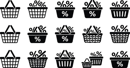 Shopping cart icon set with stick figure customers, retail grocery trolley vector collection, black silhouette people pushing full market carts © Muhammad