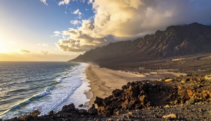 Fototapeta premium Desert landscape converges with ocean along a rugged coastal area, shore break at cliffs, blue cloudy sky at sunset, dry landscape in an aerial drone view, AI generated