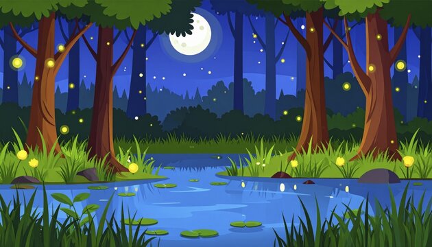 Swamp forest, Cartoon night marsh landscape with trees, bog grass and fireflies under moon light, vector illustration, AI generated