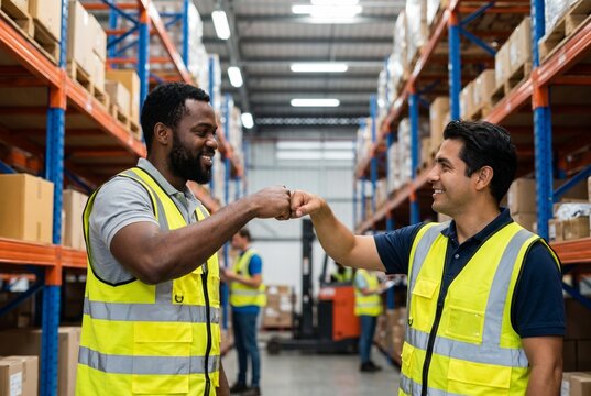 Two logistics employees bumping fists in a modern delivery warehouse with cardboard boxes. Teamwork and successful partnership concept.
