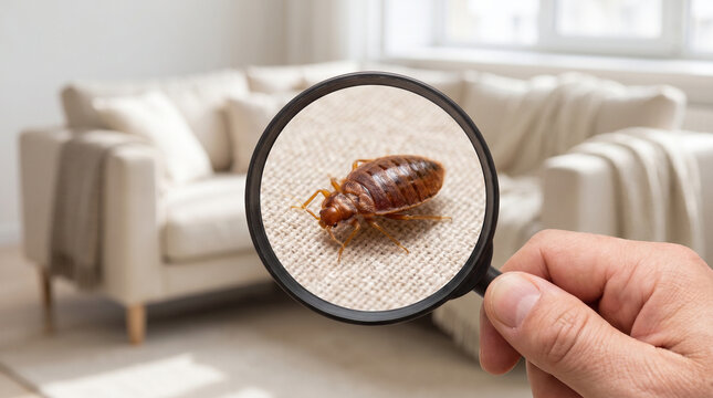 Close-up of a hand holding a magnifying glass revealing a large bed bug on sofa fabric. Home pest inspection and extermination concept.