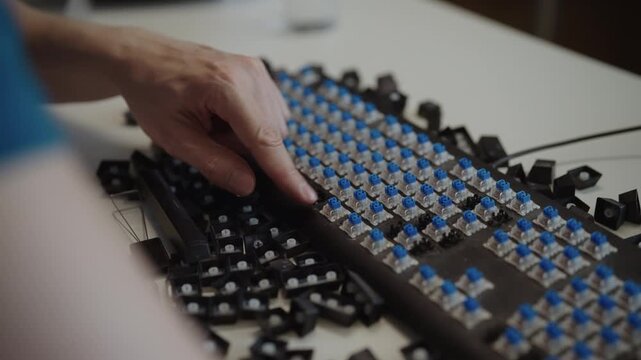 Close-up view of technician hand testing functionality of blue mechanical switches on disassembled keyboard, pressing each one to check for responsiveness and quality. Shooting in slow motion
