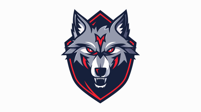 Stylized wolf head illustration against a shield emblem on white background