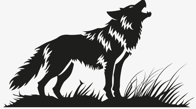 Silhouette of a howling wolf standing amidst grass in a black and white design