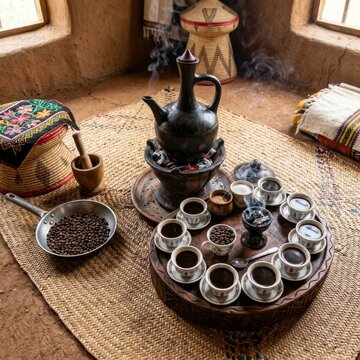 Traditional Ethiopian coffee ceremony with black clay jebena pot on hot coals surrounded by small porcelain cups on carved wooden tray with roasted coffee beans