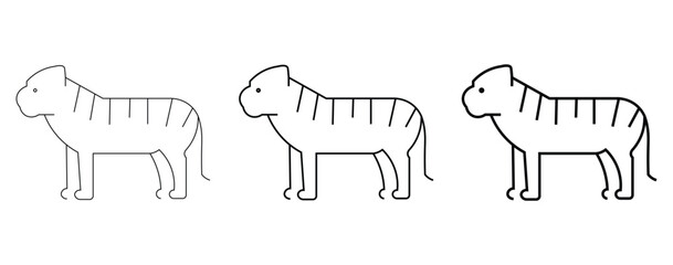 Minimalist tiger line art icons, set of three wild cat vector illustrations with varying stroke weights, simple black outline tiger silhouettes © Asad