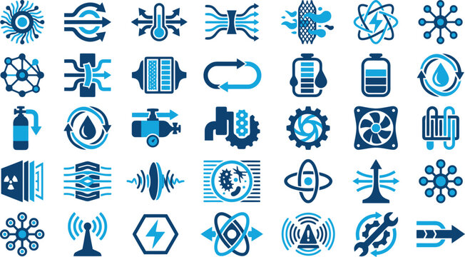 Industrial Energy and Engineering Technology Vector Icon Set for Manufacturing Manuals, Scientific Research & Power Plant Documentation (EPS)