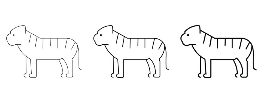 Minimalist tiger line art icons, set of three wild cat vector illustrations with varying stroke weights, simple black outline tiger silhouettes