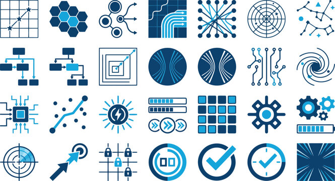 Abstract Technology and Data Analytics Blue Icon Set Vector for Software Development, Digital Infrastructure & Network Systems (EPS)
