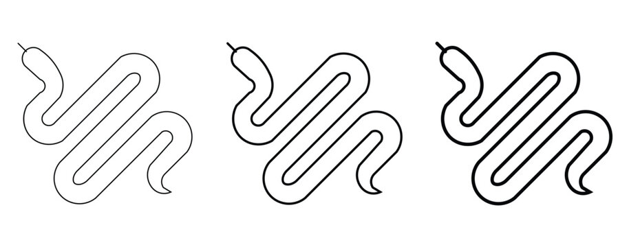 Minimalist snake line icon set, slithering serpent vector illustration in three stroke weights, modern reptile logo design elements for branding