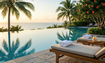 Fototapeta premium Tranquil empty resort infinity pool with turquoise water, teak loungers, and sunrise reflections for peaceful vacation wellness