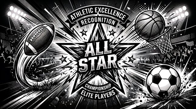 Dynamic black and white sports illustration featuring star, football, basketball hoop, soccer ball, stadium lights, cheering crowd, athletic excellence championship