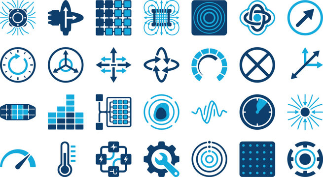 Abstract Technology and Data Processing Interface Vector Icon Set for Software Development, Industrial Automation & Digital Analytics Systems (EPS)