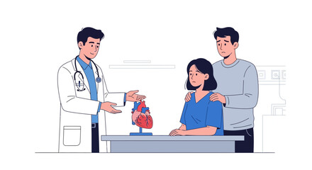 Fototapeta premium Doctor explains heart model to concerned parents and sick child