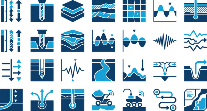 Geological Mining and Soil Analysis Vector Icon Set for Industrial Engineering, Resource Exploration & Scientific Research (EPS)