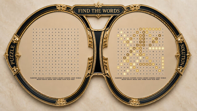 Luxury golden vintage lorgnette frame word search puzzle with black enamel ornaments. Generative AI