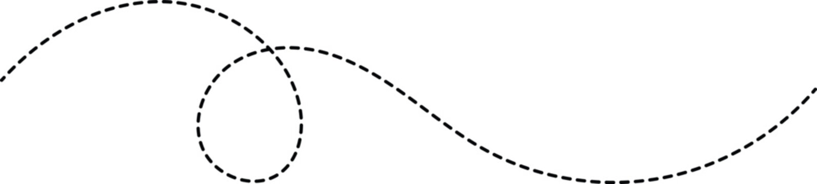 Black dashed line forming a wave and loop on white background curve swirl