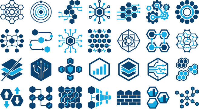 Abstract Technology and Data Network Hexagon Icon Set Vector for Software Development, Digital Infrastructure & Information Systems (EPS)