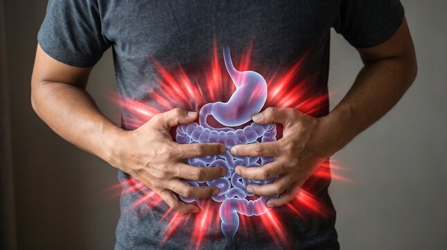 Abdominal Pain Conceptual Illustration: Male Suffering Severe Digestive Discomfort and Gut Issues for Pharmaceutical and Healthcare Advertising Campaigns.
