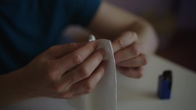 Close-up shot of male hands wiping and cleaning reusable vape pod with white napkin before refilling it with e liquid. Concept of routine maintenance of vaping device. Shooting in slow motion