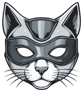 Mysterious feline character wearing a dark superhero eye mask in a vintage comic art style