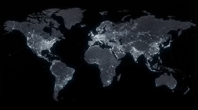 futuristic digital world map formed by glowing dots and network connections on black background
