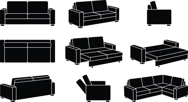 Modern sofa silhouette collection, 9 furniture vector icons of couch and sofa bed, minimalist living room seating set for interior design