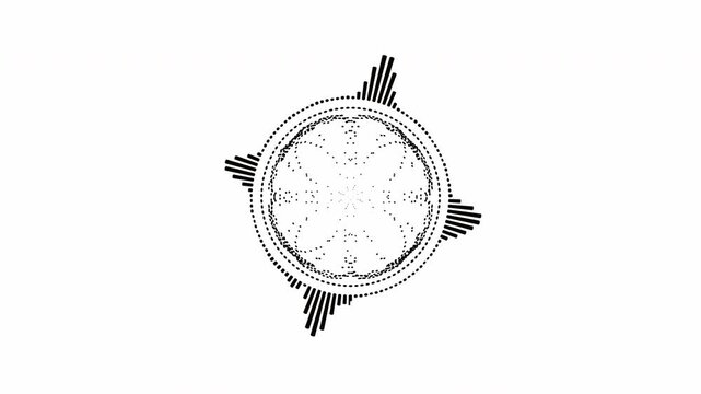 Black and white circular interface audio voice music sound spectrum equalizer, 4k footage, sound waves animation on black and white background.