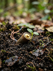 Obraz premium Discarded battery in a forest on the ground