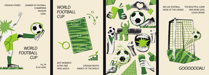 Set of football vertical poster templates. Halftone magazine cutouts with doodles. Soccer ball, goal moment, hand gestures. Social media post sports banners. Retro collage vector illustration isolated © ugguggu