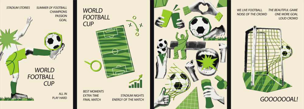 Set of football vertical poster templates. Halftone magazine cutouts with doodles. Soccer ball, goal moment, hand gestures. Social media post sports banners. Retro collage vector illustration isolated