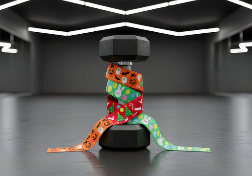 A futuristic gym features a colorful tape wrapped around a dumbbell on a sleek floor.