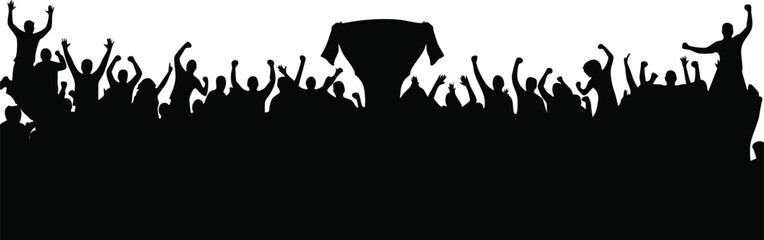Fototapeta premium Cheering crowd silhouette with winner trophy, excited sports fans celebrating victory, large audience at stadium concert or championship event