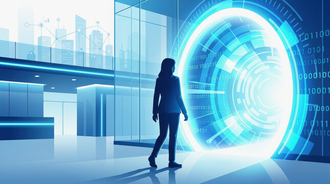 Futuristic portal digital gateway businesswoman silhouette virtual reality binary code smart city glass office technology concept Futuristic