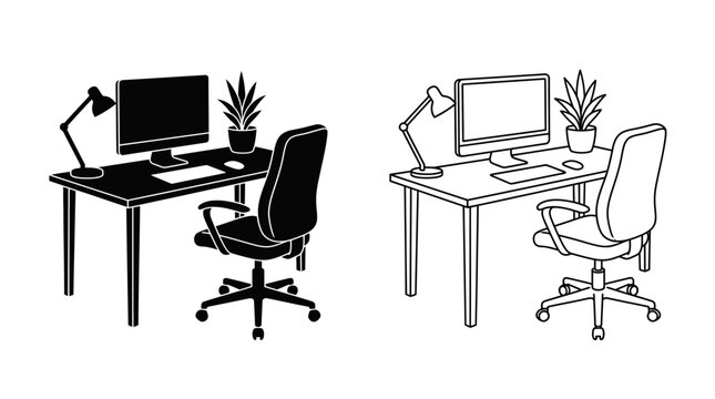 office desk setup line illustration workstation computer