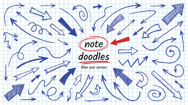 Blue pen doodle arrow set vector on notebook paper with hand drawn note pointers and sketch direction elements
